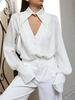 COMMENSE Detachable Collar Button Down Pinstripe Shirt* Blouses & Shirts|Tops