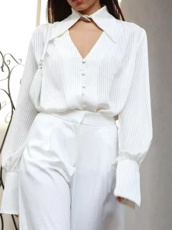 COMMENSE Detachable Collar Button Down Pinstripe Shirt* Blouses & Shirts|Tops