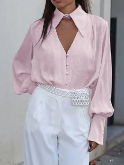 COMMENSE Detachable Collar Button Down Pinstripe Shirt* Blouses & Shirts|Tops