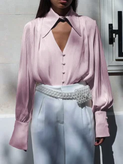 COMMENSE Detachable Collar Button Down Pinstripe Shirt* Blouses & Shirts|Tops