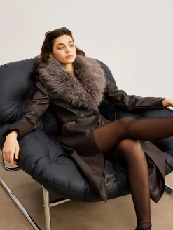 COMMENSE Detachable Fuzzy Collar Faux Leather Long Jacket* Outerwear|Jackets