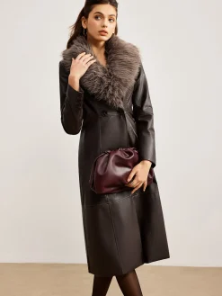 COMMENSE Detachable Fuzzy Collar Faux Leather Long Jacket* Outerwear|Jackets