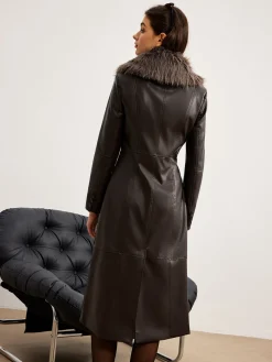 COMMENSE Detachable Fuzzy Collar Faux Leather Long Jacket* Outerwear|Jackets