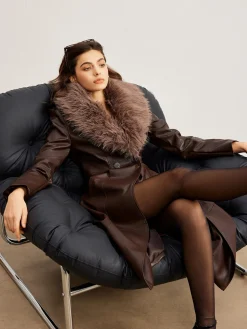 COMMENSE Detachable Fuzzy Collar Faux Leather Long Jacket* Outerwear|Jackets