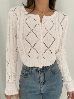 COMMENSE Diamonds Eyelet Button Up Knit Top* Cardigans|Sweaters & Cardigans