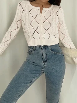 COMMENSE Diamonds Eyelet Button Up Knit Top* Cardigans|Sweaters & Cardigans