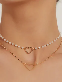 COMMENSE Double Layer Pearl Heart Pendant Necklace* Necklaces|Accessories