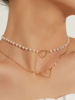 COMMENSE Double Layer Pearl Heart Pendant Necklace* Necklaces|Accessories