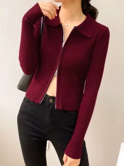COMMENSE Double-Zip Ribbed Petite Sweater* Sweater Tops|Sweaters & Cardigans