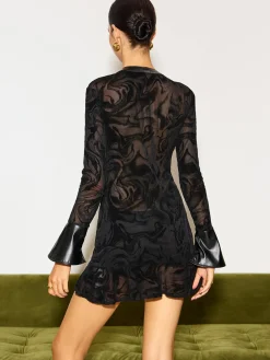 COMMENSE Drawstring Semi-Sheer Velvet Ruffle Dress* Dresses