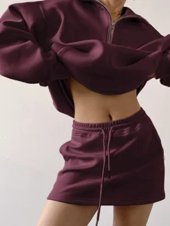 COMMENSE Drawstring Zipper Lapel Skirt Set* Skirt Sets|Long Sleeve Sets