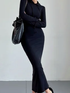 COMMENSE Drop Shoulder Drawstring Hooded Dress* Black Dresses|Sweater Dresses