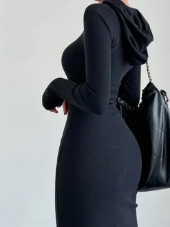 COMMENSE Drop Shoulder Drawstring Hooded Dress* Black Dresses|Sweater Dresses