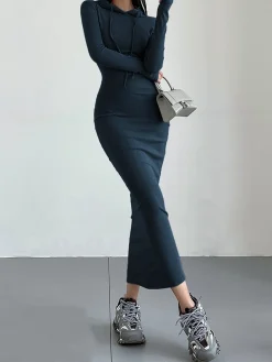 COMMENSE Drop Shoulder Drawstring Hooded Dress* Black Dresses|Sweater Dresses