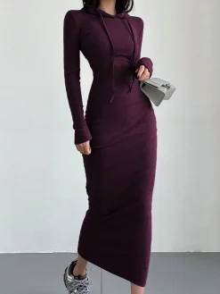 COMMENSE Drop Shoulder Drawstring Hooded Dress* Black Dresses|Sweater Dresses