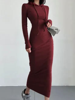 COMMENSE Drop Shoulder Drawstring Hooded Dress* Black Dresses|Sweater Dresses