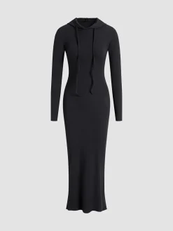 COMMENSE Drop Shoulder Drawstring Hooded Dress* Black Dresses|Sweater Dresses