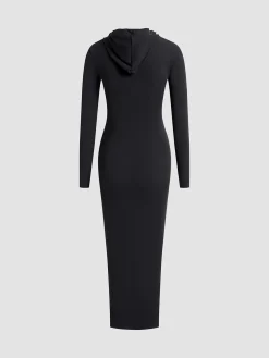 COMMENSE Drop Shoulder Drawstring Hooded Dress* Black Dresses|Sweater Dresses