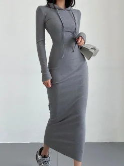 COMMENSE Drop Shoulder Drawstring Hooded Dress* Black Dresses|Sweater Dresses
