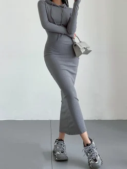 COMMENSE Drop Shoulder Drawstring Hooded Dress* Black Dresses|Sweater Dresses
