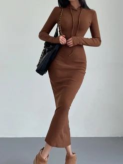 COMMENSE Drop Shoulder Drawstring Hooded Dress* Black Dresses|Sweater Dresses