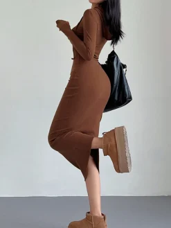 COMMENSE Drop Shoulder Drawstring Hooded Dress* Black Dresses|Sweater Dresses