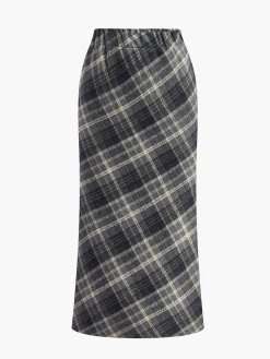 COMMENSE Elastic Waist Checked Slit Skirt* Skirts