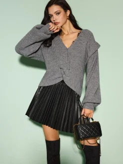 COMMENSE Elastic Waist Faux Leather Pleated Skirt* Bottoms