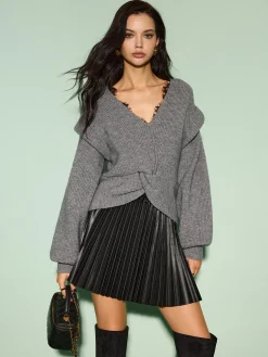 COMMENSE Elastic Waist Faux Leather Pleated Skirt* Bottoms