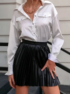 COMMENSE Elastic Waist Faux Leather Pleated Skirt* Bottoms