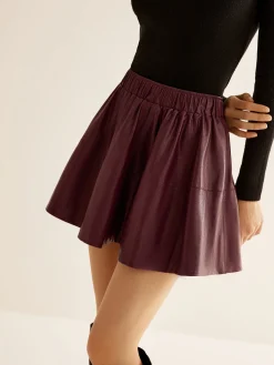 COMMENSE Elastic Waist Pleated PU Leather Skirt* Skirts|Bottoms