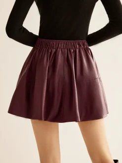 COMMENSE Elastic Waist Pleated PU Leather Skirt* Skirts|Bottoms