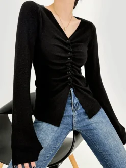 COMMENSE Elegant Button Pleated Knit Top* Sweater Tops|Sweaters & Cardigans