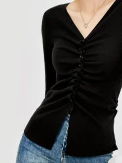 COMMENSE Elegant Button Pleated Knit Top* Sweater Tops|Sweaters & Cardigans