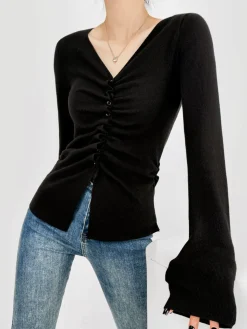 COMMENSE Elegant Button Pleated Knit Top* Sweater Tops|Sweaters & Cardigans