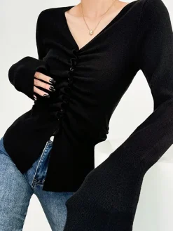 COMMENSE Elegant Button Pleated Knit Top* Sweater Tops|Sweaters & Cardigans