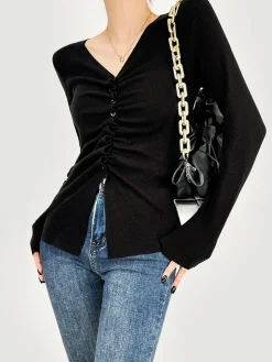COMMENSE Elegant Button Pleated Knit Top* Sweater Tops|Sweaters & Cardigans