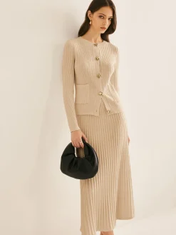 COMMENSE Elegant Button Pleated Sweater Co-ords* Sweater Tops|Sweaters & Cardigans