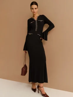 COMMENSE Elegant Contrast Binding Ruffle Slim Dress* Black Dresses|Casual Dresses