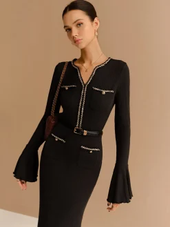 COMMENSE Elegant Contrast Binding Ruffle Slim Dress* Black Dresses|Casual Dresses