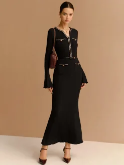 COMMENSE Elegant Contrast Binding Ruffle Slim Dress* Black Dresses|Casual Dresses