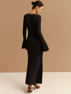 COMMENSE Elegant Contrast Binding Ruffle Slim Dress* Black Dresses|Casual Dresses