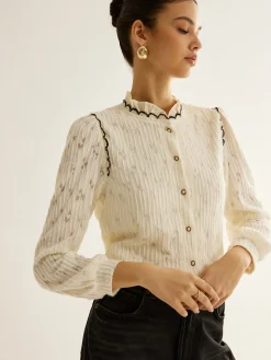 COMMENSE Elegant Lettuce Trim Button Shirt* Blouses & Shirts|Tops