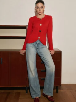 COMMENSE Elegant Metal Button Split Cardigan* Cardigans|Sweaters & Cardigans