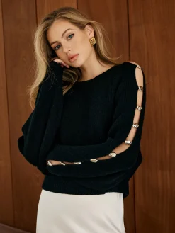 COMMENSE Elegant Metal-Detail Cutout Sweater* Sweater Tops|Sweaters & Cardigans