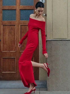 COMMENSE Elegant Off-Shoulder Sweater Long Dress* Sweater Dresses|Work Dresses