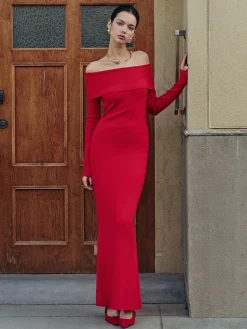COMMENSE Elegant Off-Shoulder Sweater Long Dress* Sweater Dresses|Work Dresses