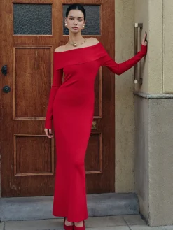 COMMENSE Elegant Off-Shoulder Sweater Long Dress* Sweater Dresses|Work Dresses