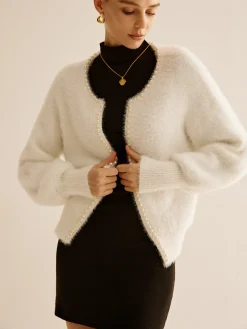 COMMENSE Elegant Pearl Trim Fuzzy Cardiagn* Cardigans|Sweaters & Cardigans