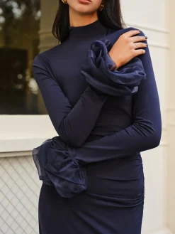 COMMENSE Elegant Ruffle Split Jersey Long Dress* Cocktail & Party Dresses|Long Dresses
